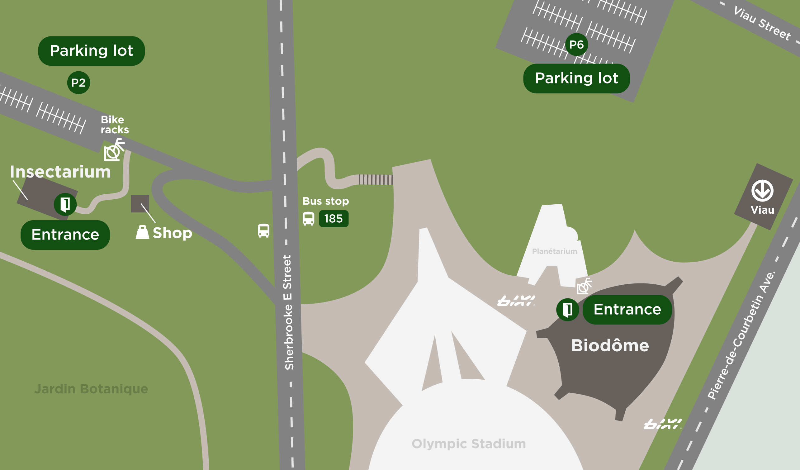 Map of Montréal showing the Biodôme and Insectarium